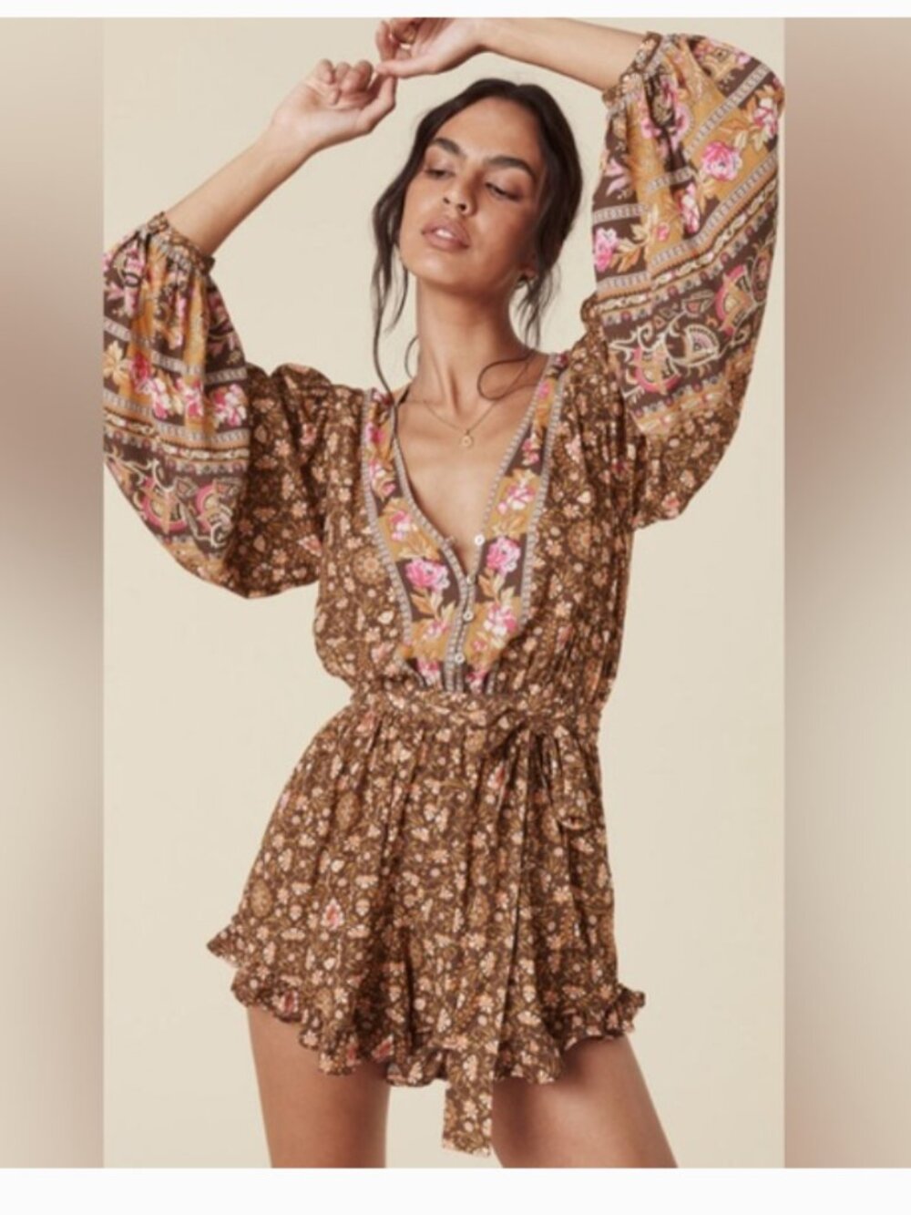 Spell Brown Floral Long Sleeve V-Neck Romper with Tassel Tie